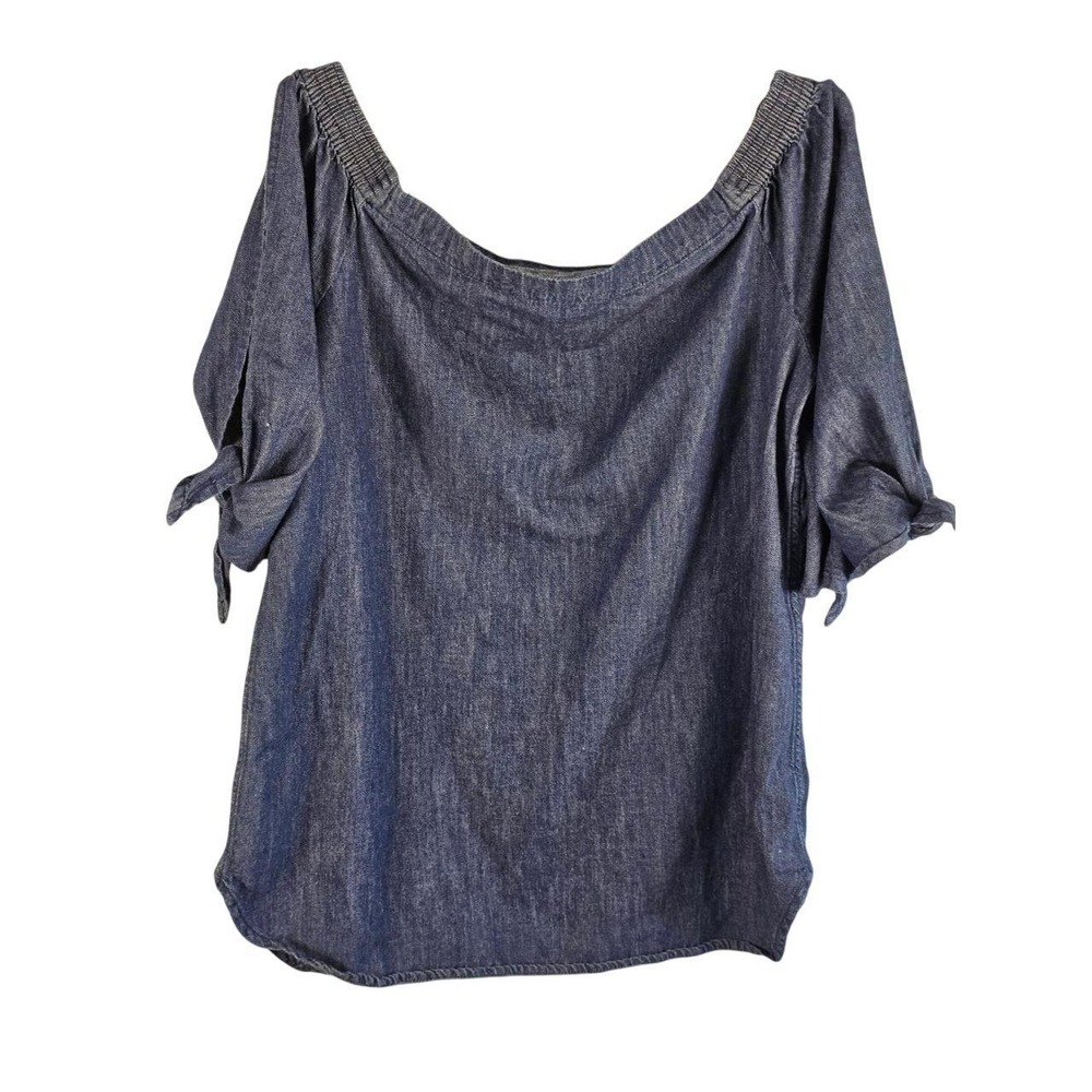 Lauren Ralph Lauren Denim Off Shoulder Cold Shoulder Tie Sleeve Blouse Medium - Picture 2 of 8
